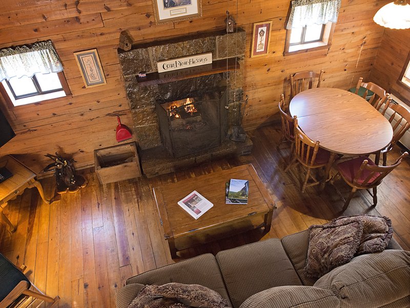 A view of the living area from the Songbird Cabin's loft.
