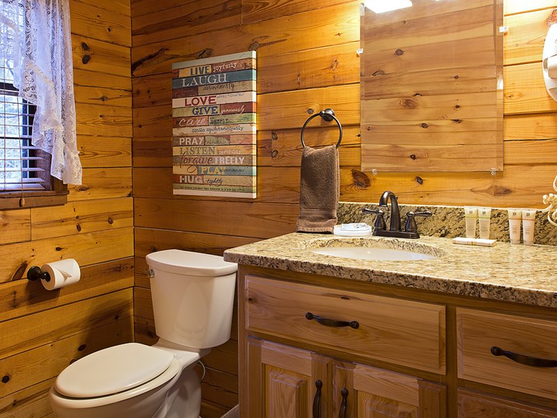 The cabin's bathroom vanity area (spacious tile shower not pictured).