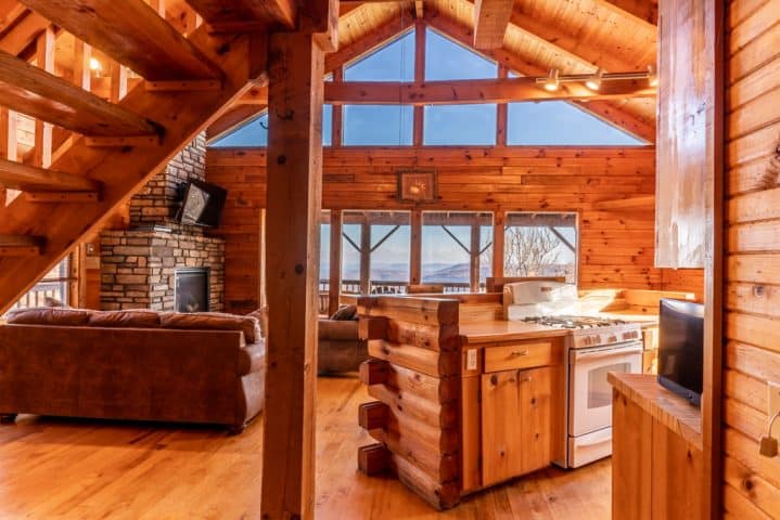 Open living area of Compton mountain cabin