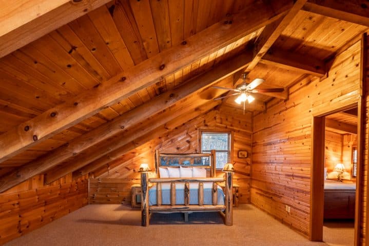 Open bedroom in loft of Compton mountain cabin