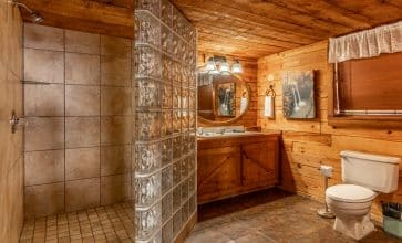 You'll enjoy a super spacious tile walk-in shower in the Buffalo River Cabin.