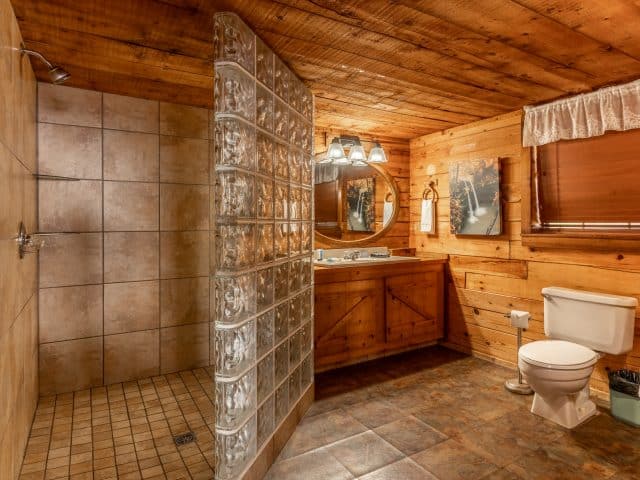 You'll enjoy a super spacious tile walk-in shower in the Buffalo River Cabin.