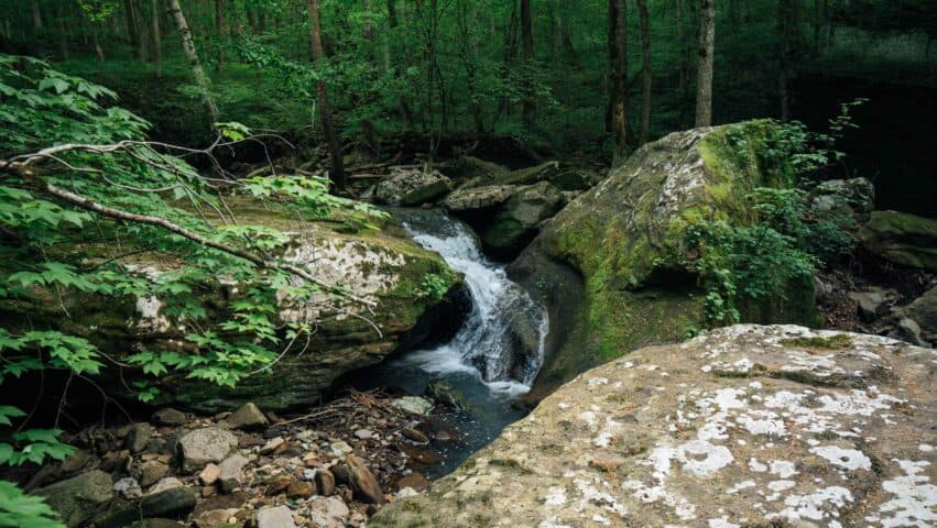 A cascade pouring over boulders along Smith Creek.