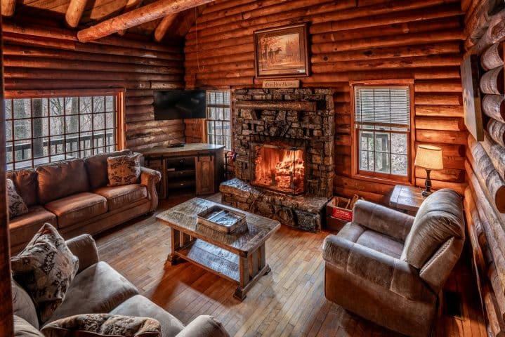 Mills Cabin Fireplace and living area.