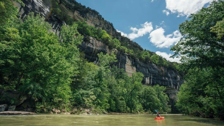 The Buffalo National River is renown its beautiful towering bluffs.