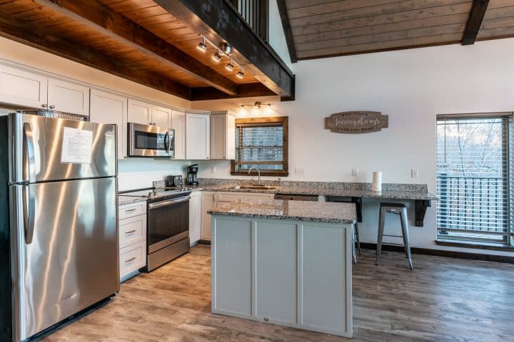 The chef in you will enjoy the spacious countertops and full appliances of the Wanderlust Cabin.