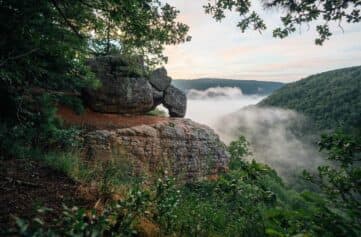 A view of balanced rocks and morning fog from Whitaker Point / Hawksbill Crag.