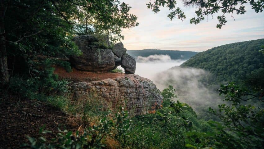 A view of balanced rocks and morning fog from Whitaker Point / Hawksbill Crag.