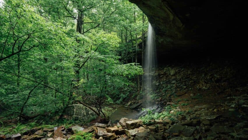 View from under the grotto at Hideout Hollow Falls.