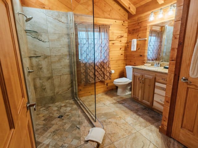 The beautiful ceramic tile walkin shower of the Valley Dream Cabin.