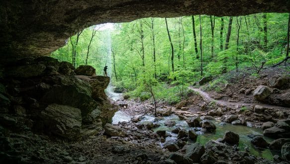 A hiker in Cobb Cave along the Lost Valley Trail