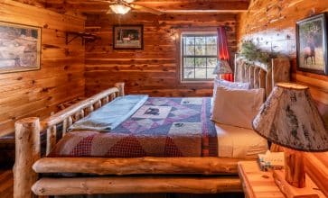 The master bedroom of the Waterfall Cabin