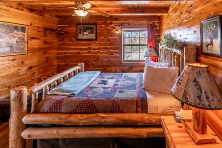 The master bedroom of the Waterfall Cabin