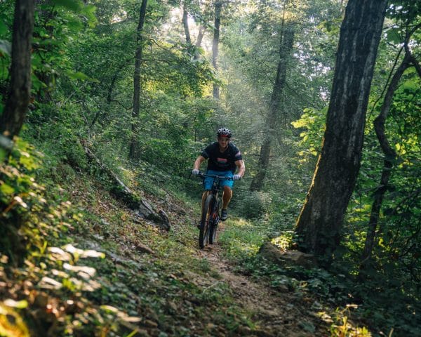 A mountain bike rider making his way through the forest at sunrise.