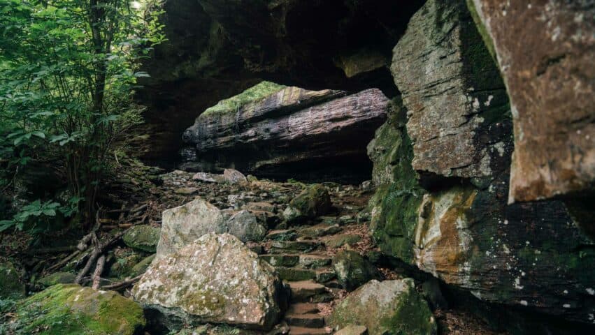 A view under the Natural Bridge at Alum Cove.