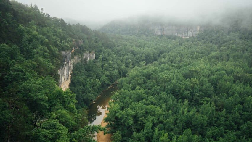 Foggy morning view over the Buffalo National River from the Goat Trail.
