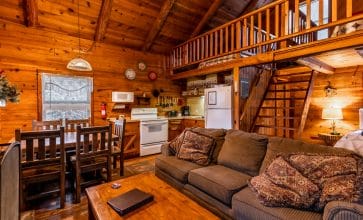 The Songbird Cabin features an open floor plan and upstairs sleeping loft, which is perfect for families.