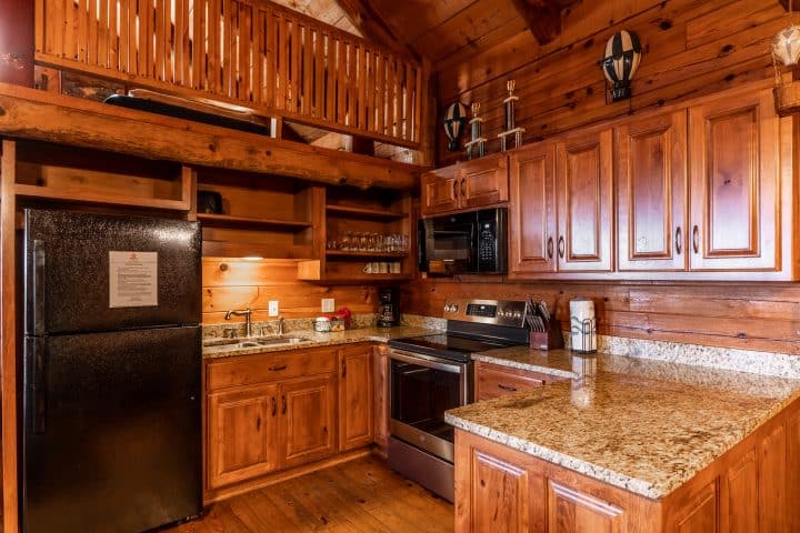 Whipping up a hearty meal for the family is easy in the Balloon Cabin's fully-furnished kitchen.