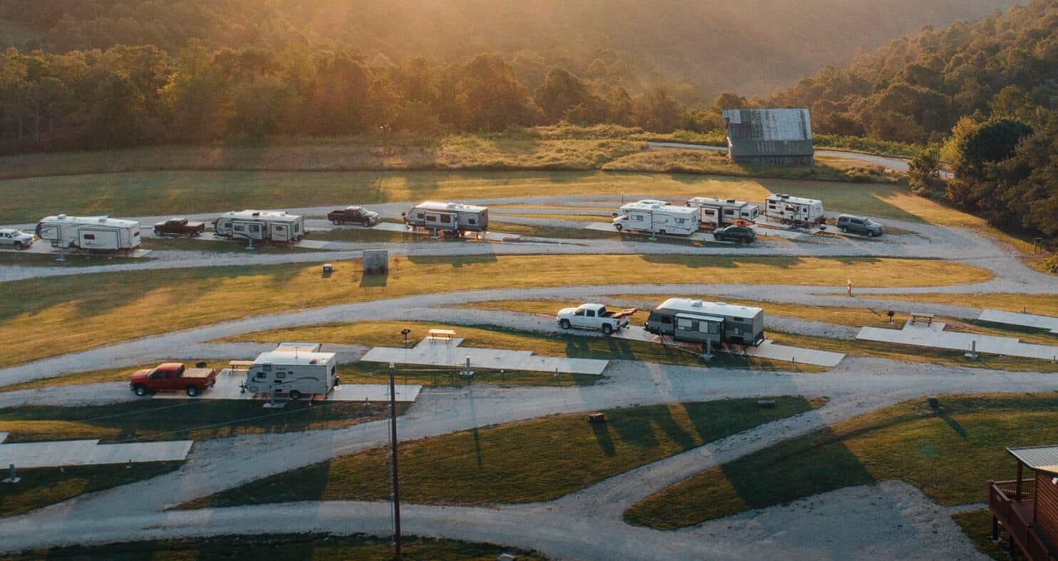 aerial of rv park at sunset