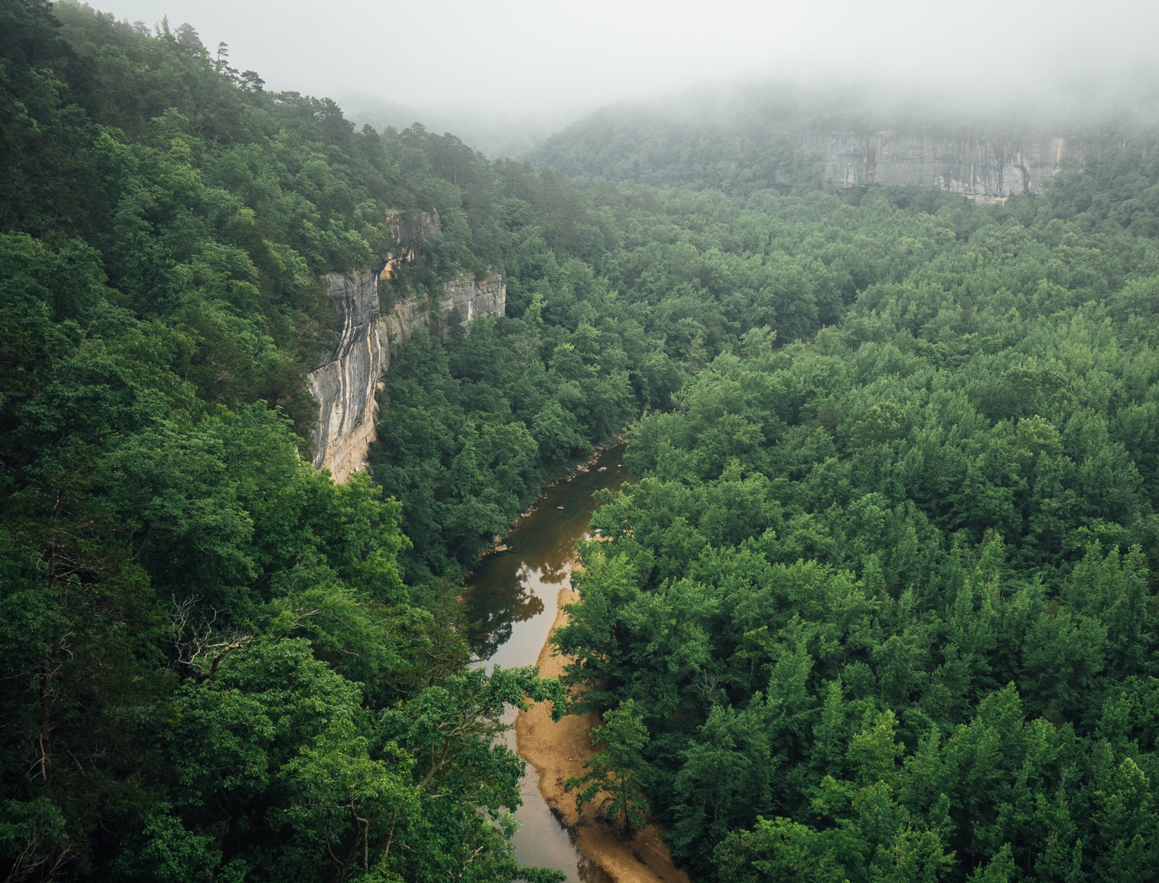 View over the Buffalo National River on a foggy morning.