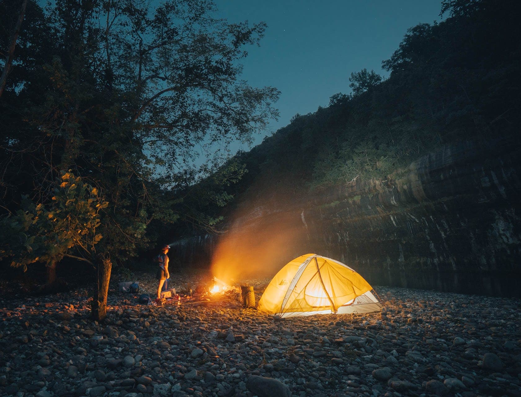 camping by the river and night stars