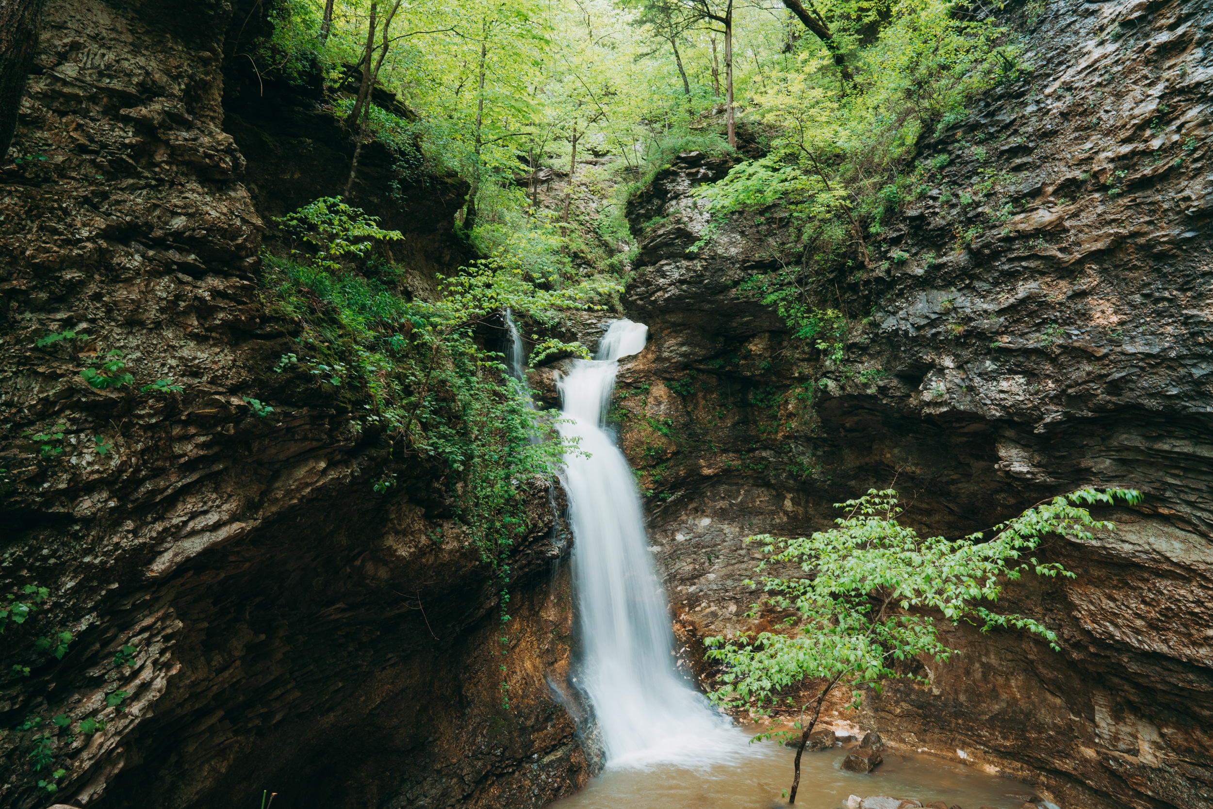 Cascading waterfall spotted on one of the Buffalo River Country hiking trails