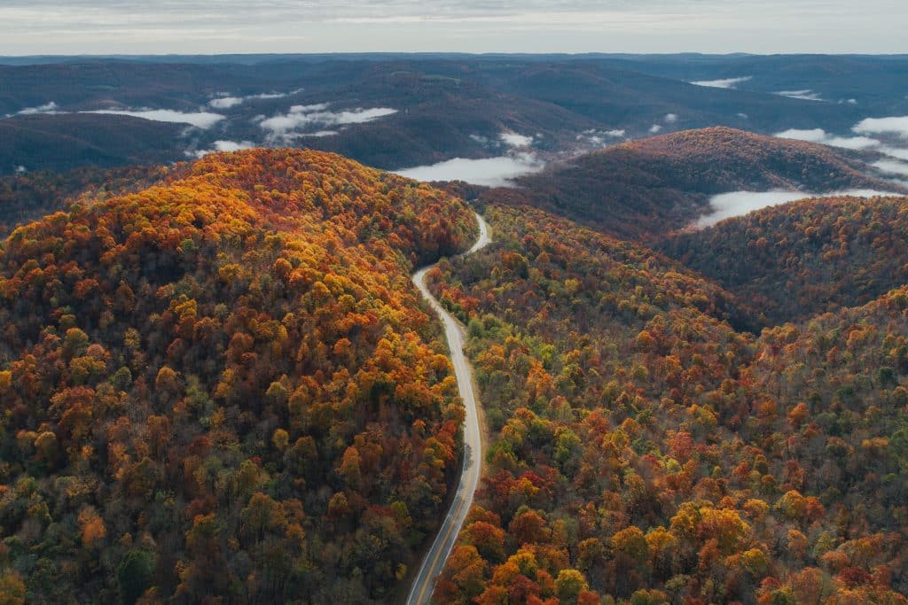 Scenic drive along Arkansas Highway 43 during peak autumn color.