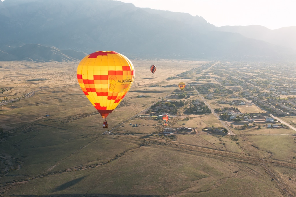 The Albuqerque Balloon in flight on a New Mexico morning at Balloon Fiesta.