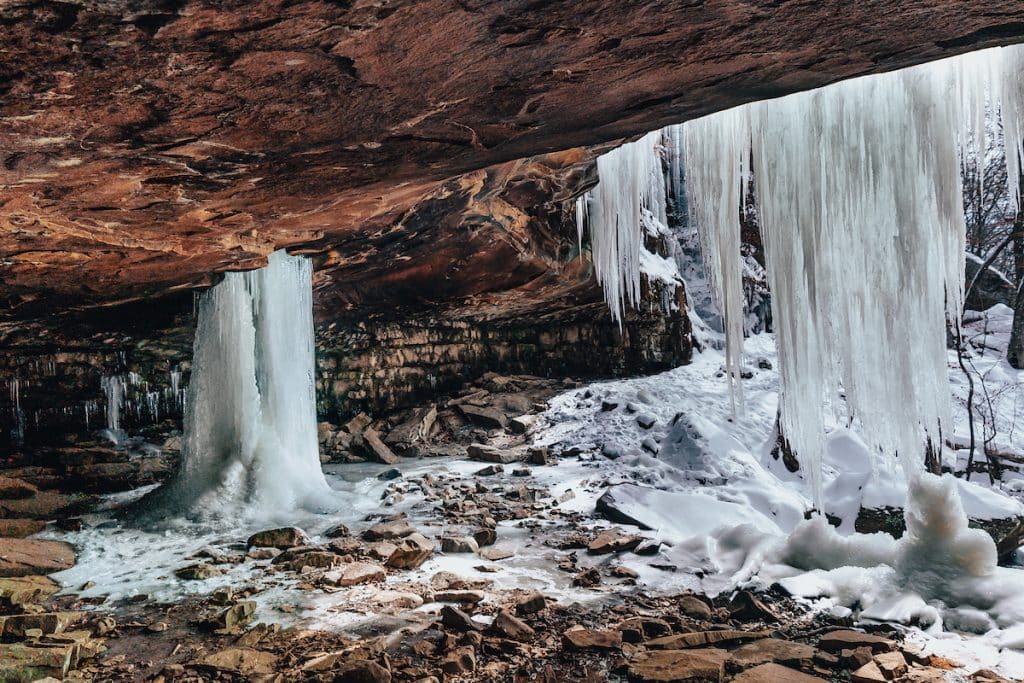 Glory Hole waterfall can be an amazing icefall in the upper Buffalo River winter landscape.