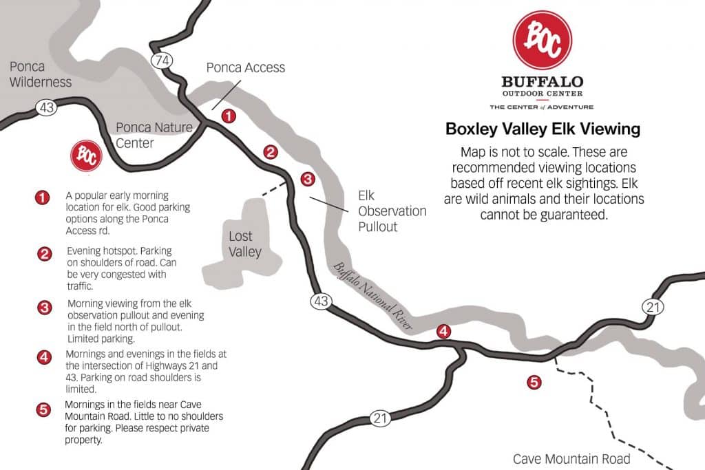 Map of where to see elk in Ponca, Arkansas on the upper Buffalo National River.